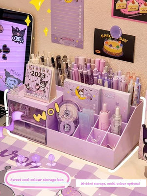 Purple storage box with stationery items on a checkered surface