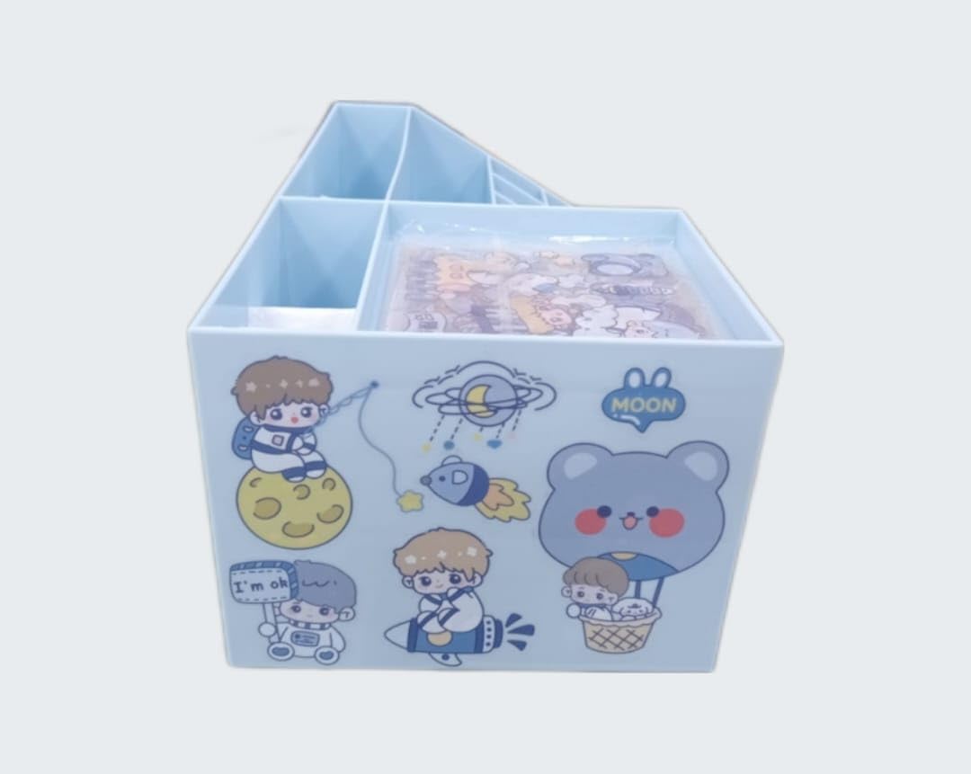 Cute cartoon-themed pencil holder with character illustrations on a light blue background