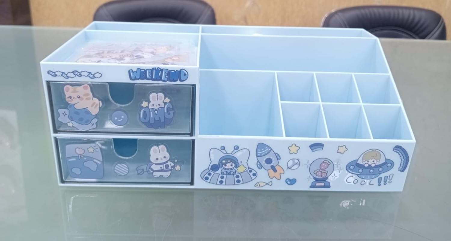 Clear plastic organizer with cartoon designs on a glass surface