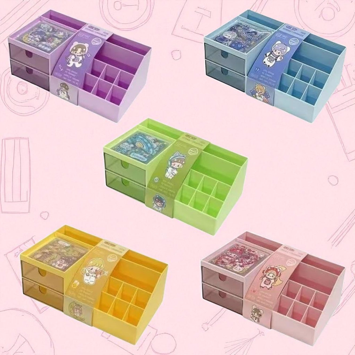 Colorful storage boxes with compartments on a pink background