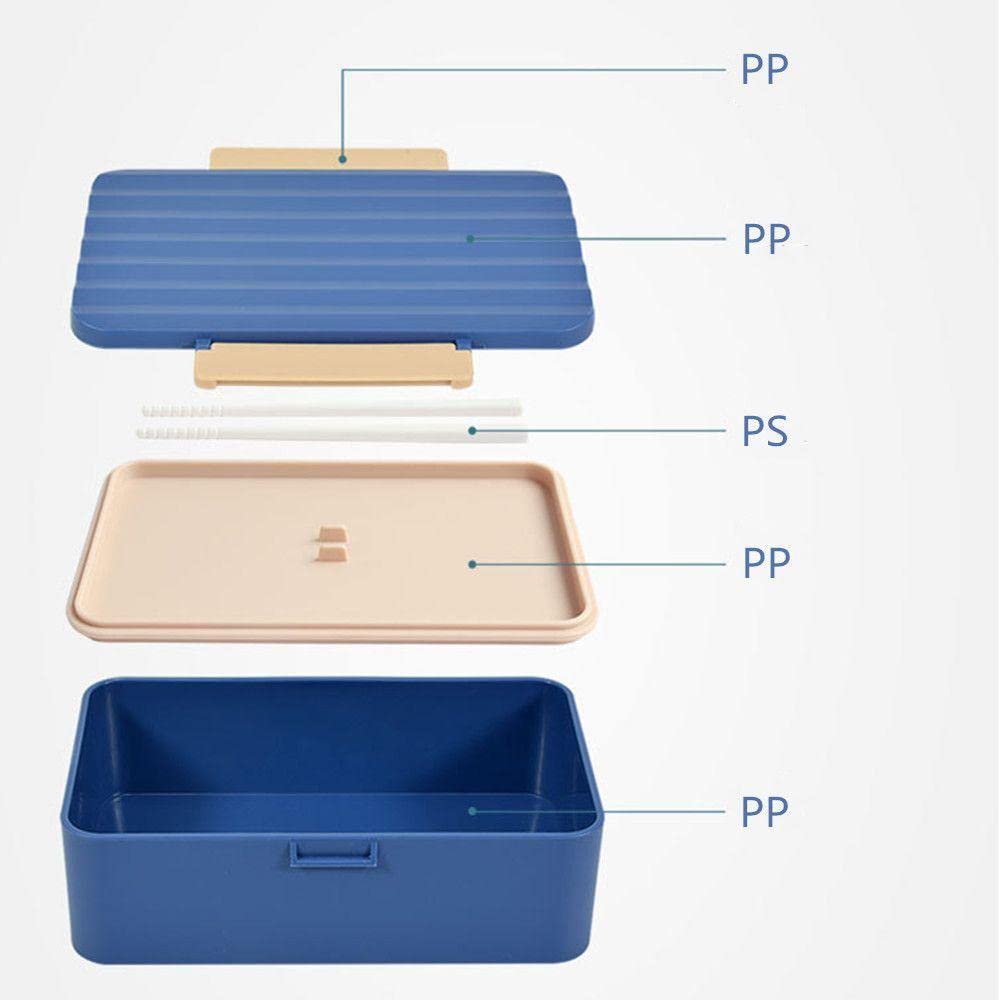 Stackable plastic bento lunch boxes for kids, available in blue/cream and terracotta, with removable dividers and included cutlery. www.usmile.toys