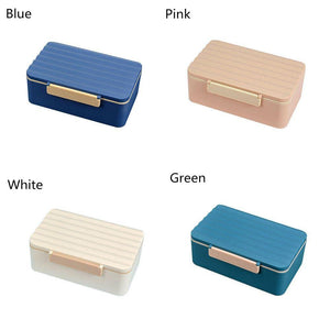 Stackable plastic bento lunch boxes for kids, available in blue/cream and terracotta, with removable dividers and included cutlery. www.usmile.toys