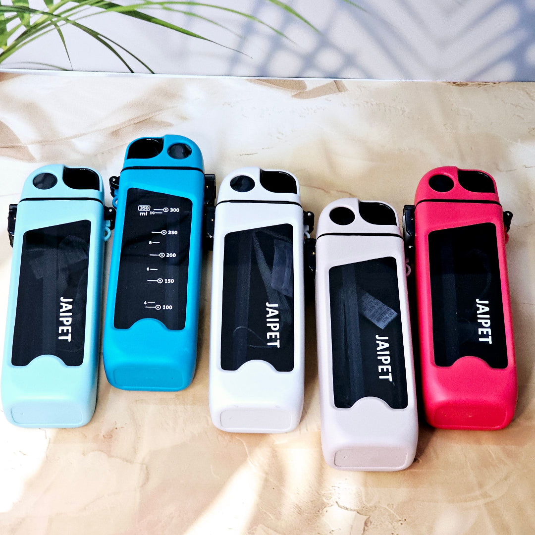 Five "JAIPET" branded plastic sipper water bottl  www yusmies in light blue, dark blue, white, light pink, and pink, with handles and strawse.com