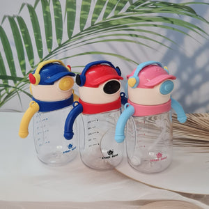 Space Bear plastic water bottles for kids, set of 3, with straw and headphone caps. www.usmile.toys