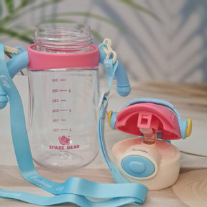 Space Bear plastic water bottles for kids, set of 3, with straw and headphone caps. www.usmile.toys