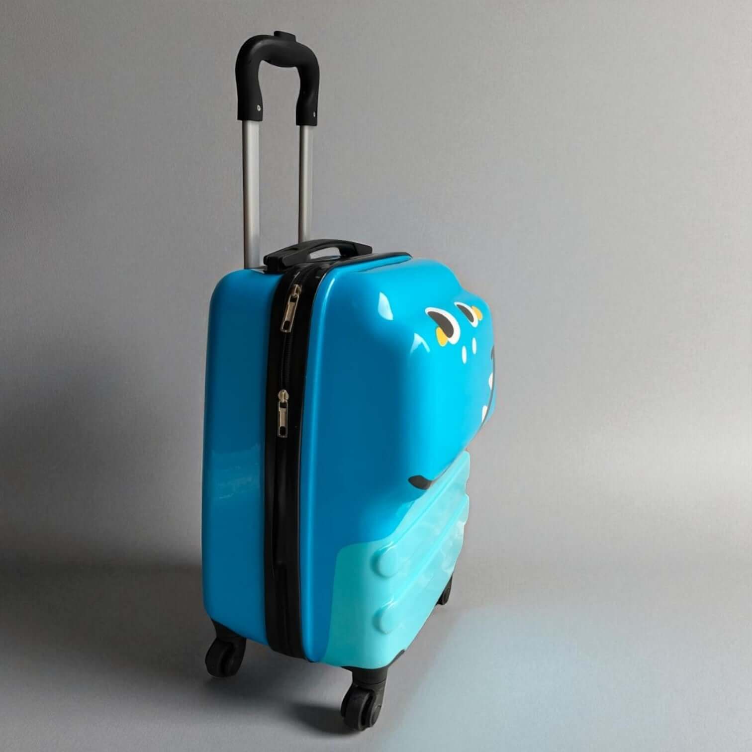 Uses alternative keywords like "rolling luggage" and "two-tone," and adds a playful element ("travel adventures") that aligns with a toy website. www.usmile.toys
