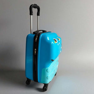 Uses alternative keywords like "rolling luggage" and "two-tone," and adds a playful element ("travel adventures") that aligns with a toy website. www.usmile.toys