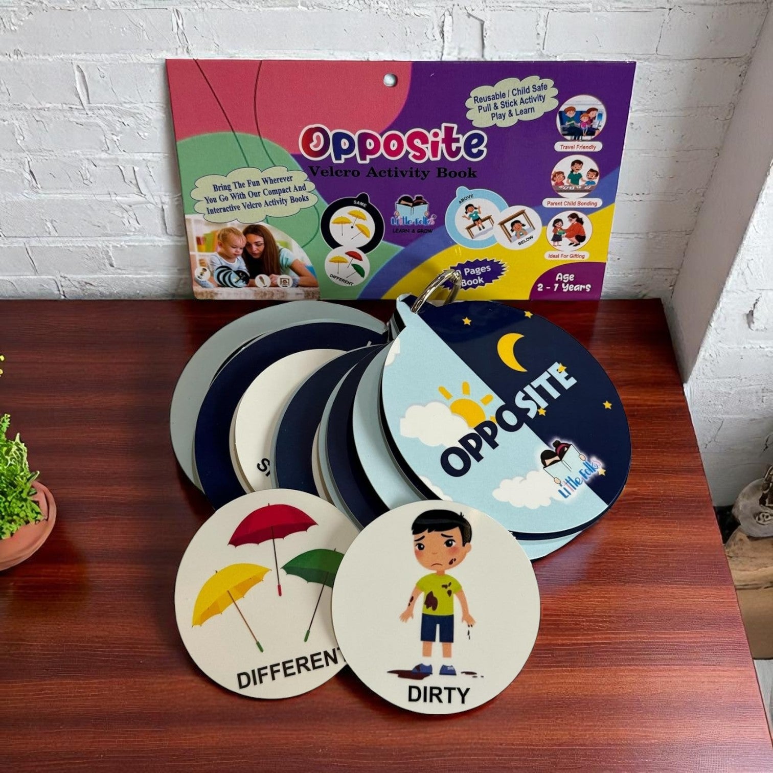 U Smile Toys Preschool Learning Activity Book for ages 2-7, an interactive Velcro book teaching "Opposite" concepts with pull & stick activity  www.usmile.com