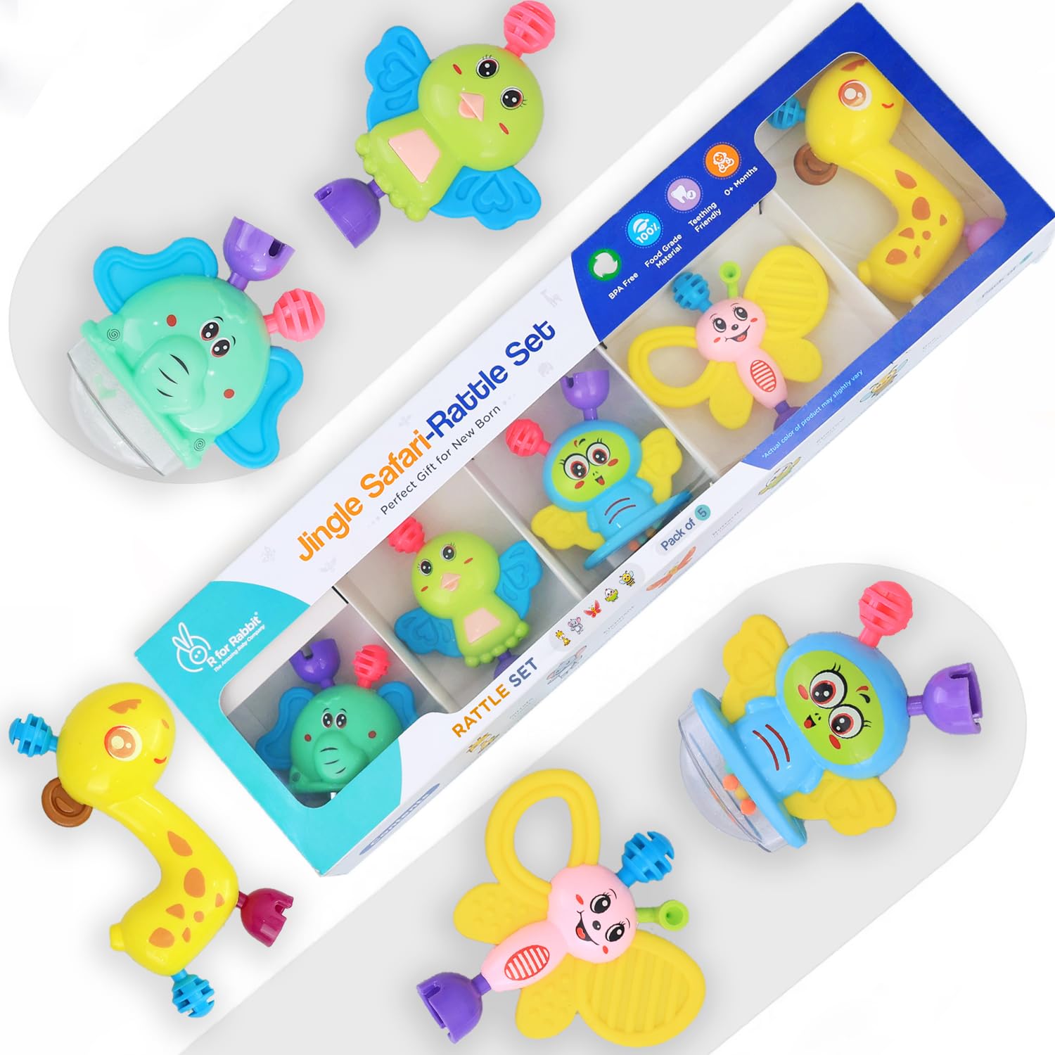 RforRabbit Jingle Safari Infant Kids Rattles 5Pcs Toy Set for Born Baby