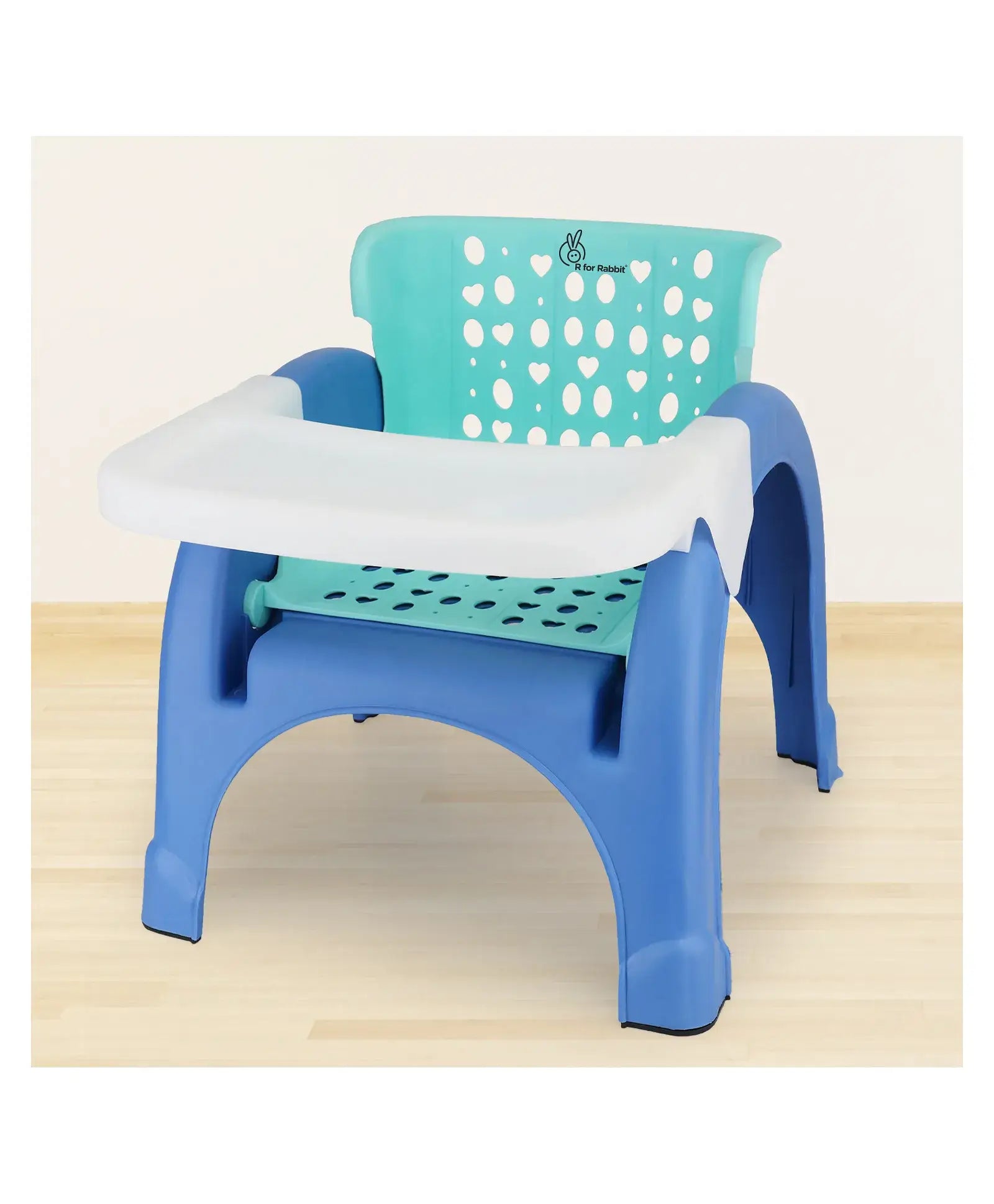Children's plastic chair with a blue frame and teal seat on a light wooden floor.