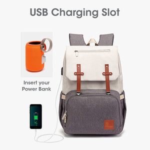 Backpack with USB charging slot and power bank illustration on a white background