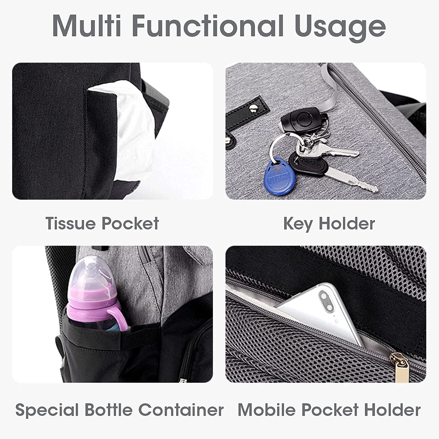 Multifunctional product with tissue pocket, key holder, bottle container, and mobile pocket holder.