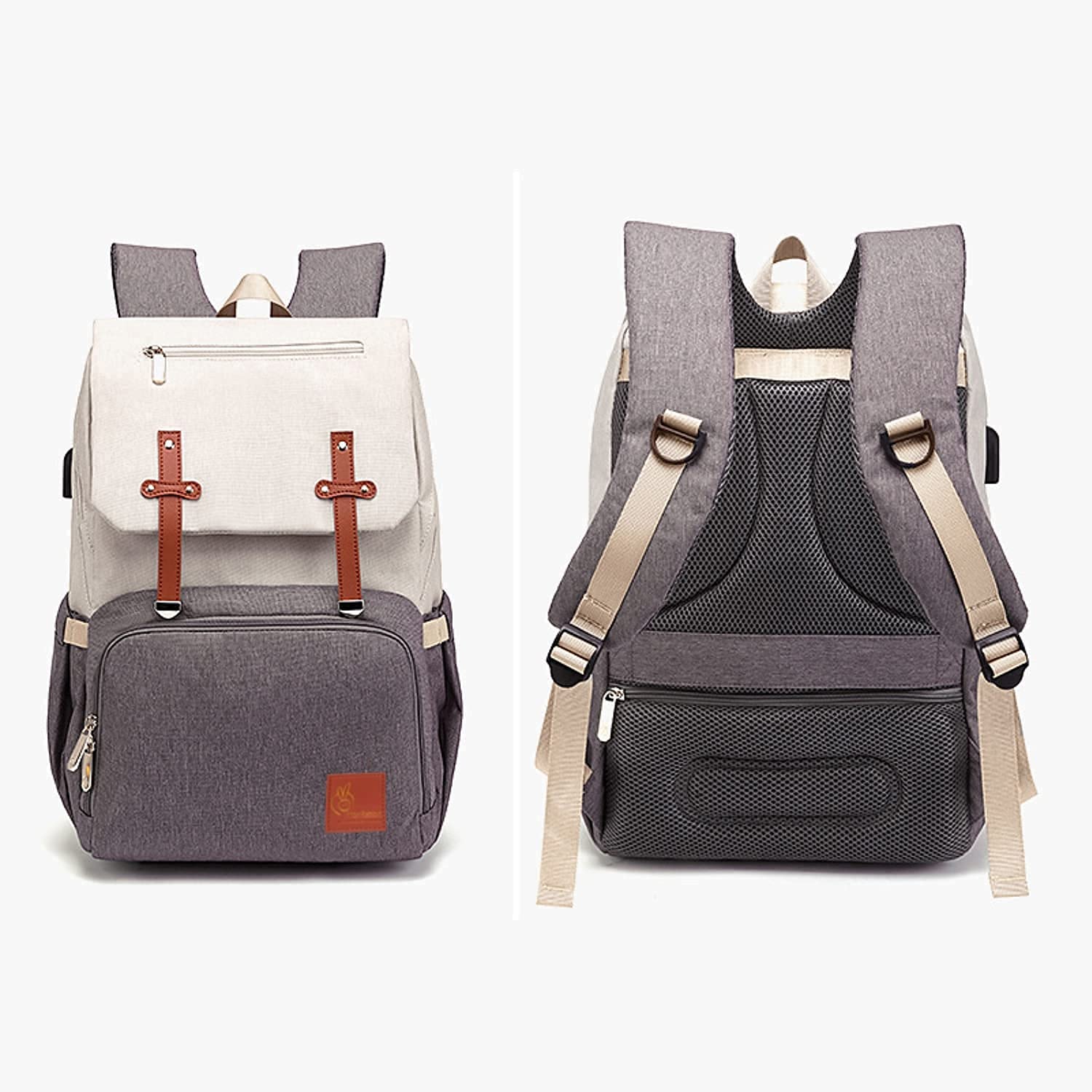 Two backpacks, one gray and white, the other gray with beige accents, on a light gray background.