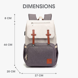 Gray and white backpack with dimensions labeled on a white background