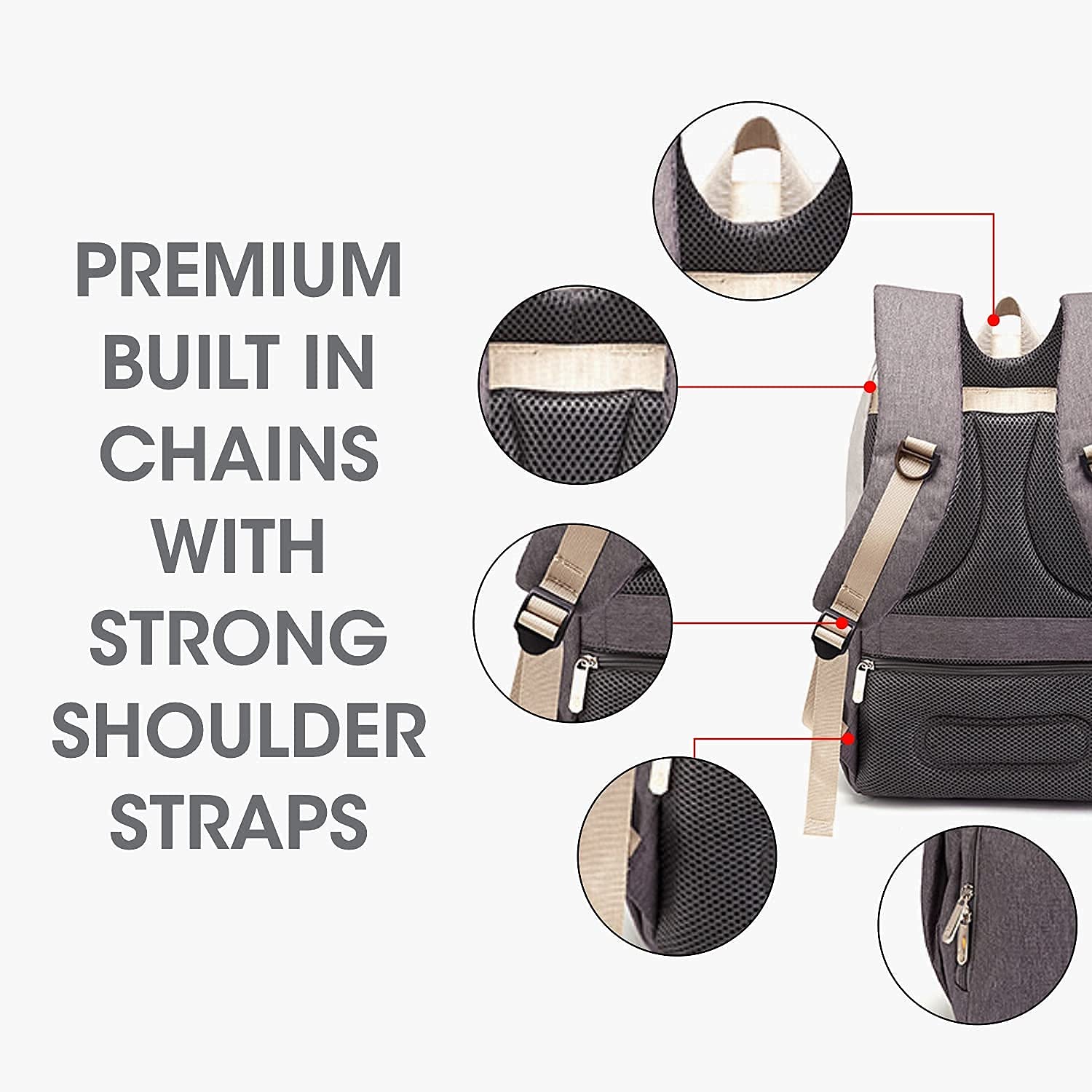 Gray backpack with detailed views of chains and shoulder straps on a white background