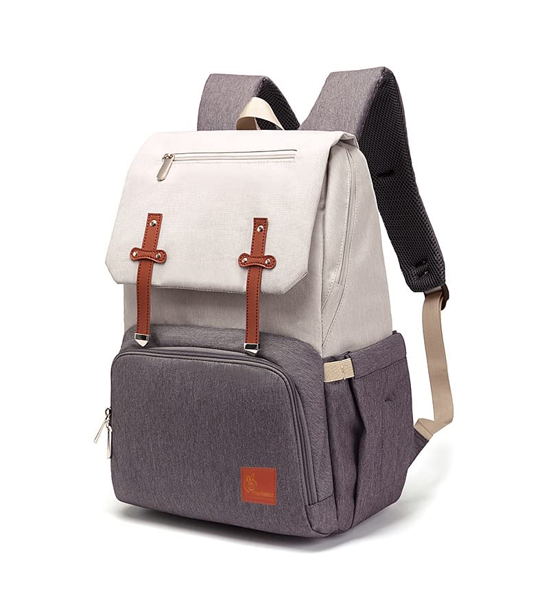 Gray and white backpack with brown straps on a white background