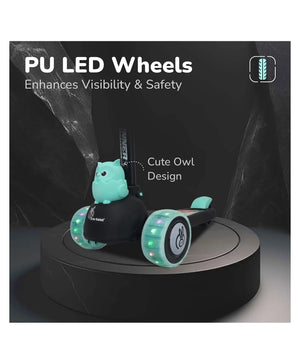 Toy scooter with owl design and PU LED wheels on a dark background