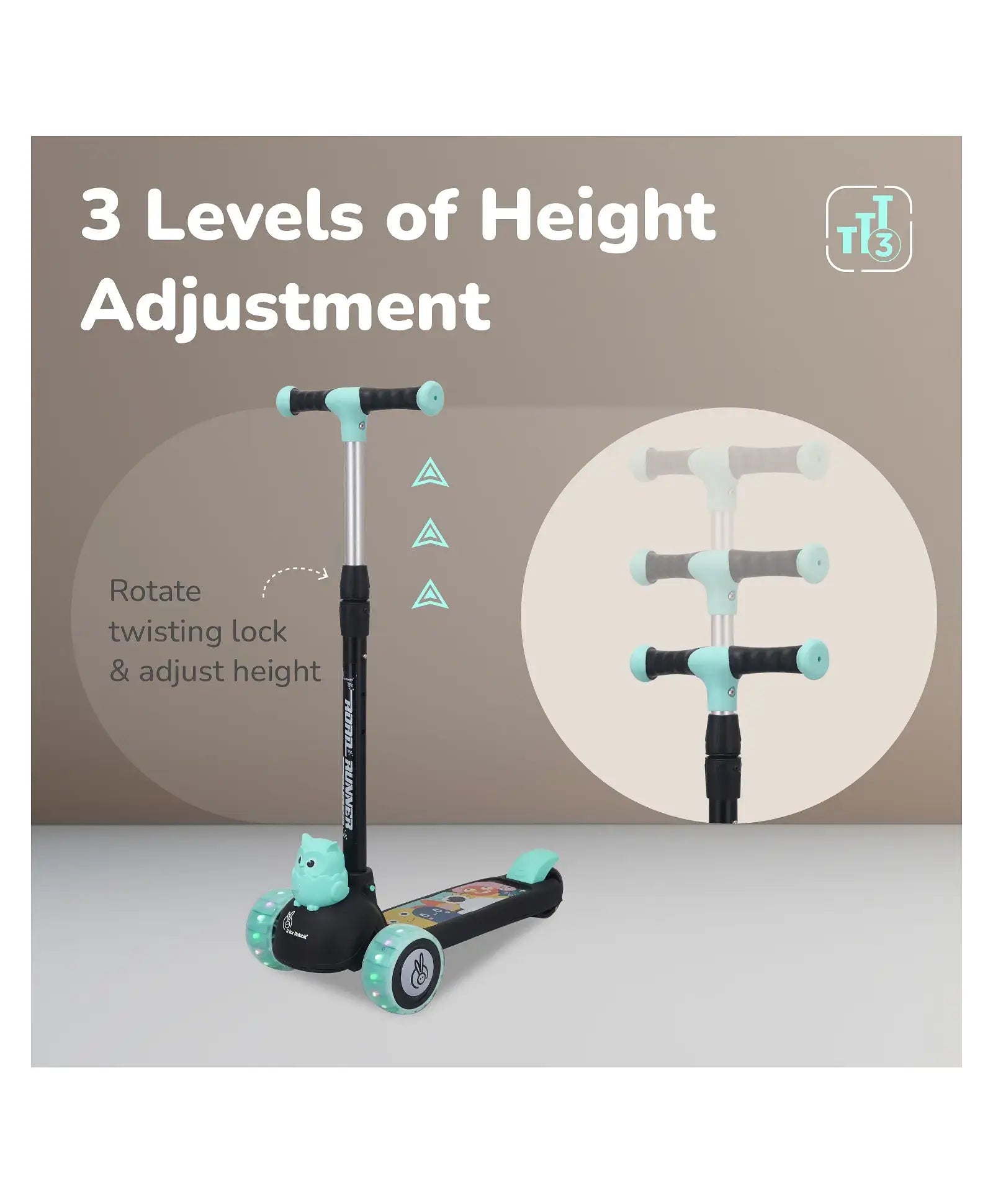 Children's scooter with height adjustment feature on a gray background