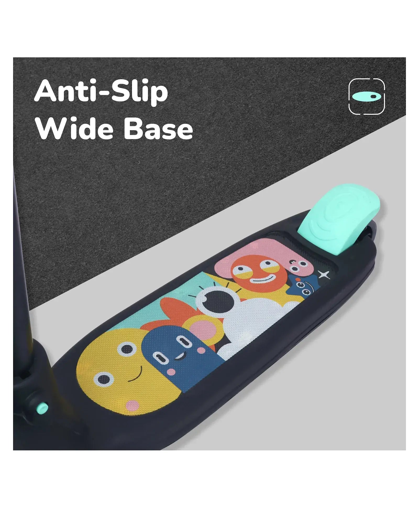 Product with cartoon designs on a black background, featuring 'Anti-Slip Wide Base' text.