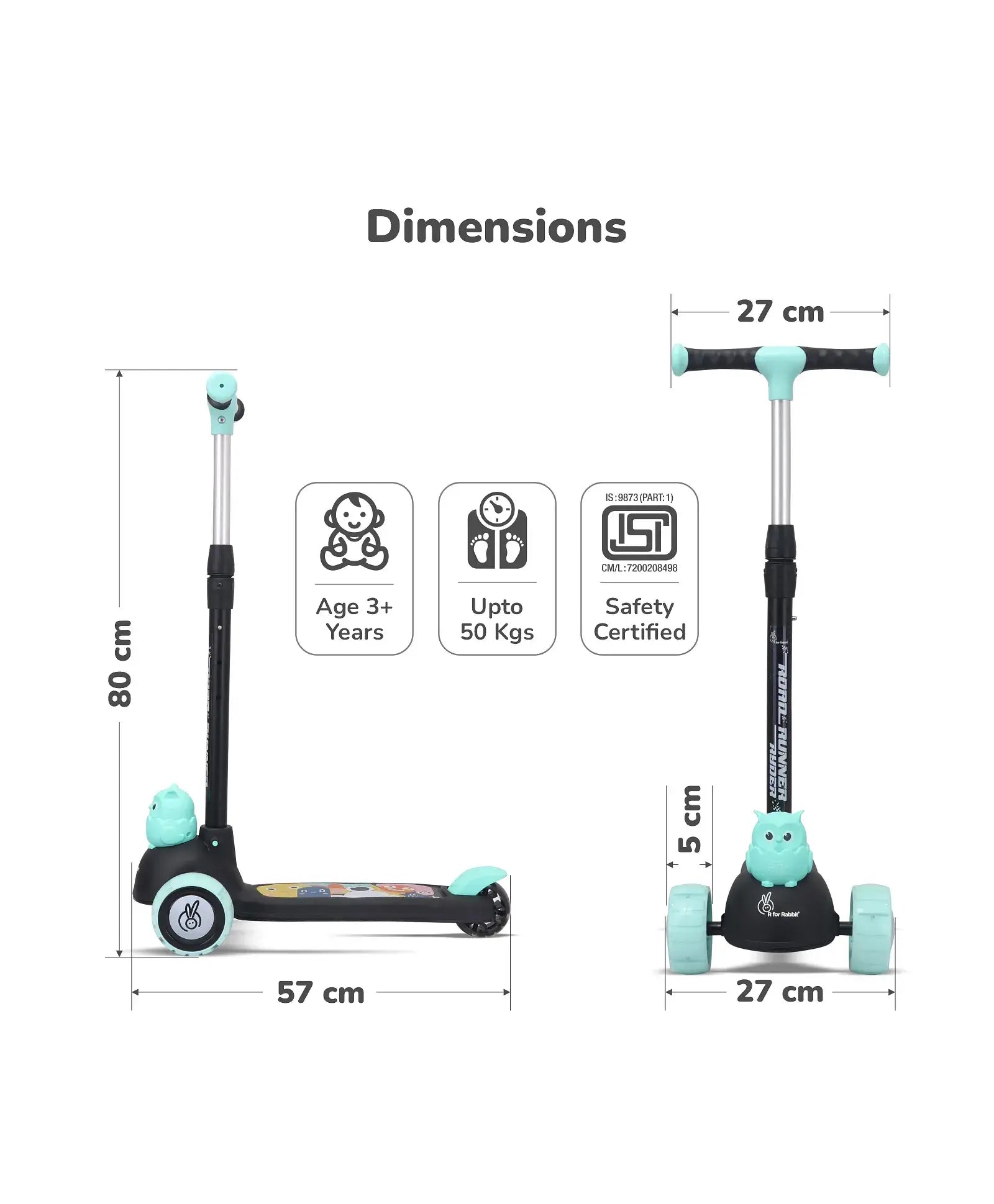 Dimensions of a children's scooter with safety certification icons and age recommendation.