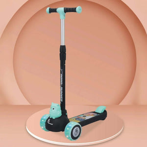 Children's scooter with teal handlebar and wheels on a peach-colored background