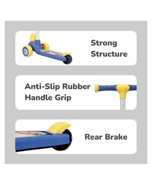 Children's scooter with features labeled on a gray background