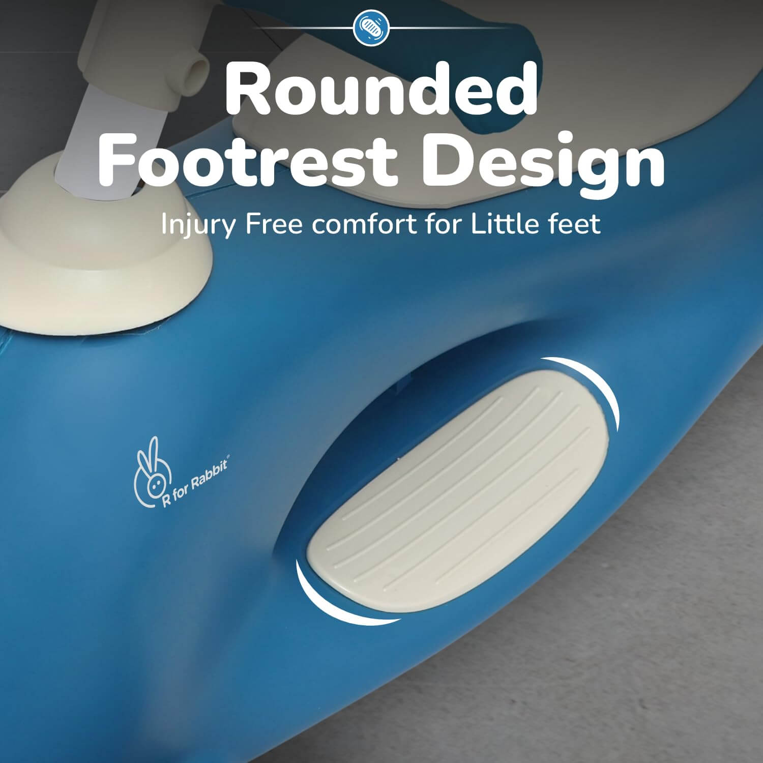 Blue children's scooter with rounded footrest design on a gray background