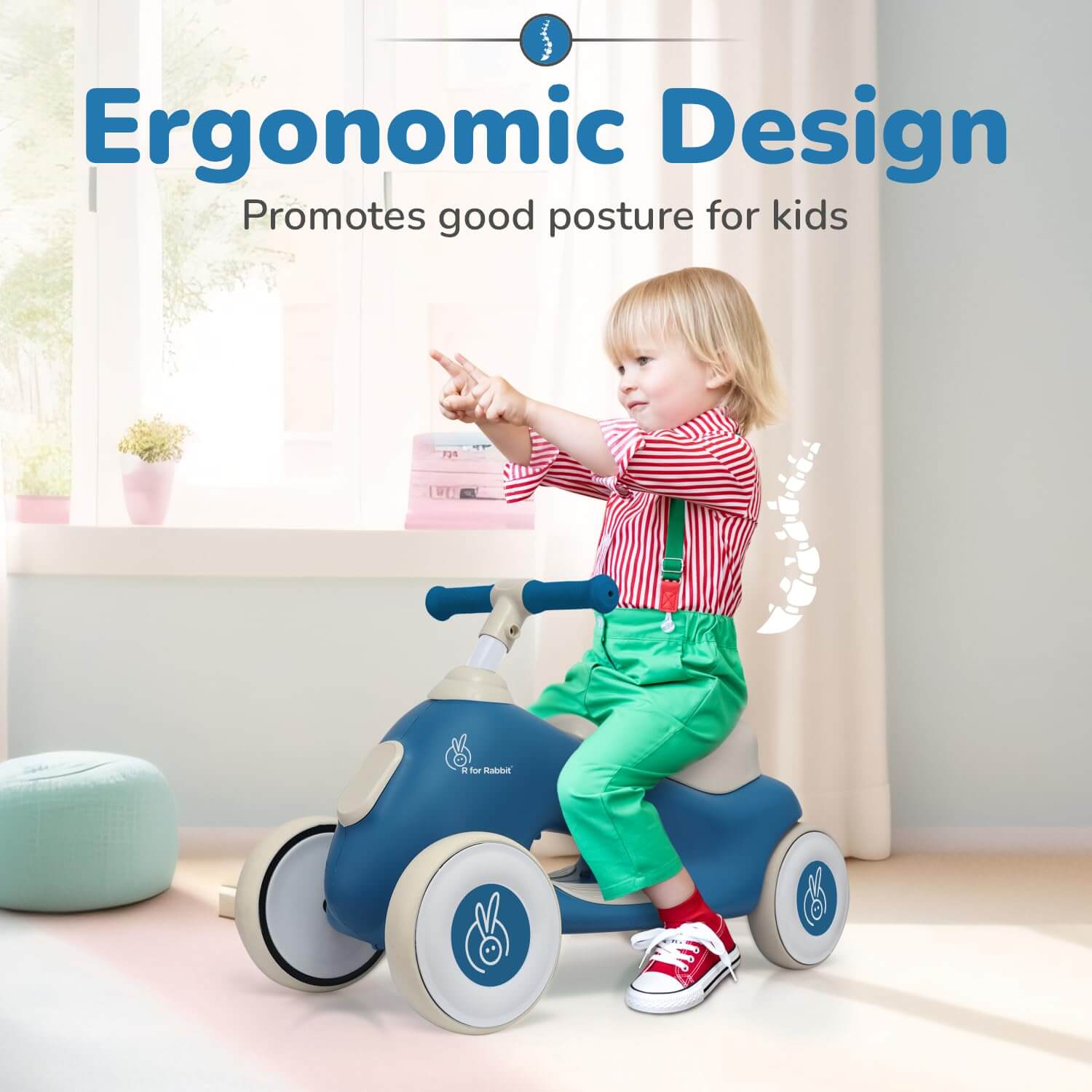 Child riding a blue balance bike with text about ergonomic design