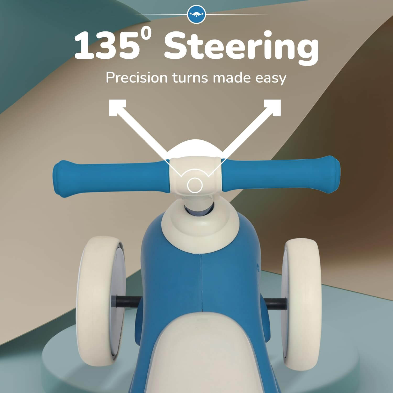Children's balance bike with blue handlebars and white wheels on a gradient background, highlighting '135° Steering' feature.