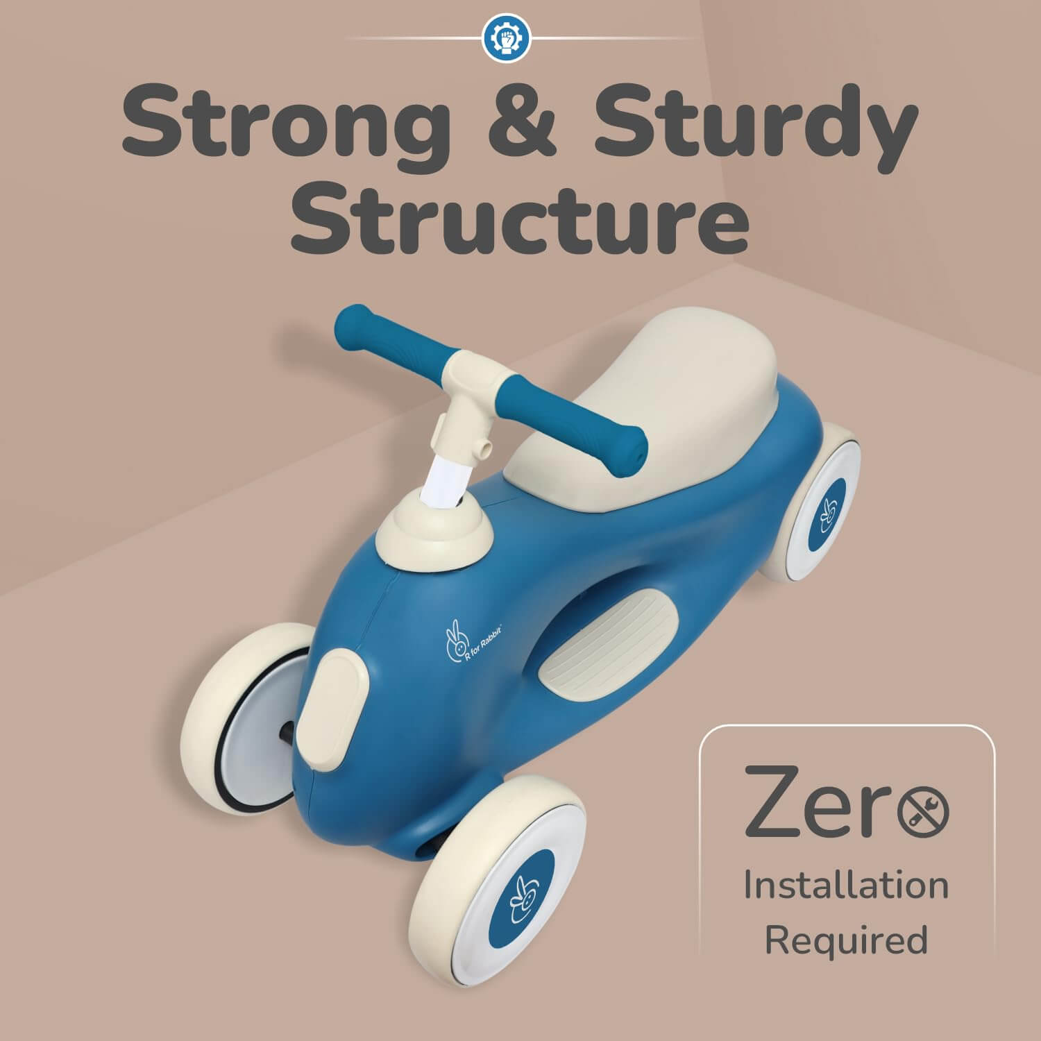Blue and white children's balance bike with text about a strong structure and zero installation required on a beige background.