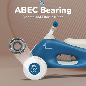 Blue children's scooter with ABEC bearing highlighted on a brown background