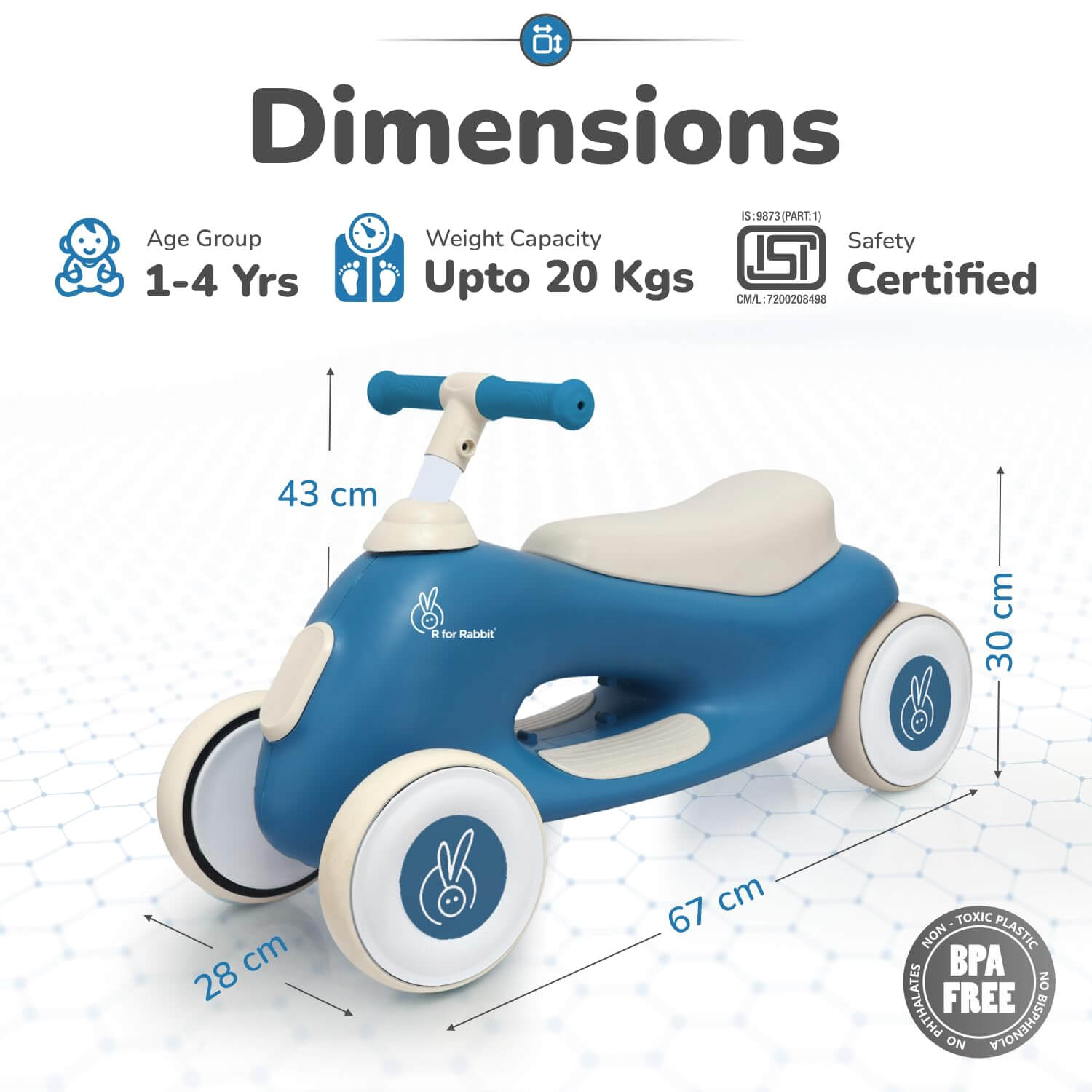 Blue and white children's balance bike with dimensions and certification details on a white background