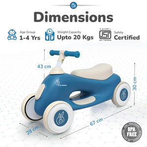 Blue and white children's balance bike with dimensions and certification details on a white background