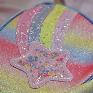 Shimmering heart-shaped mini bag with rainbow stripes and glitter detail, a stylish sling purse for little girls in www.usmile.toys
