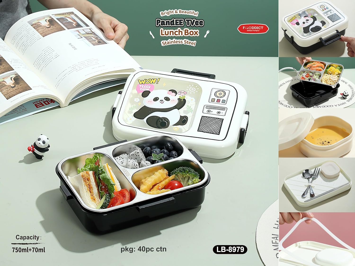 Durable SS insulated kids' bento lunch box featuring a cool panda with headphones, sho www.usmile.toys
