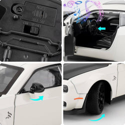 Detailed collectible die-cast sports car in white with a matte black hood, showcasing its sleek design and providing exciting pull-back action, available at Usmile Toys. www.usmile.toys