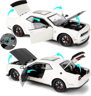 High-quality miniature replica of a powerful white muscle car (Dodge Challenger Hellcat style) with black wheels and red brake calipers, a durable pull-back toy ideal for vehicle enthusiasts from Usmile Toys. www.usmile toys