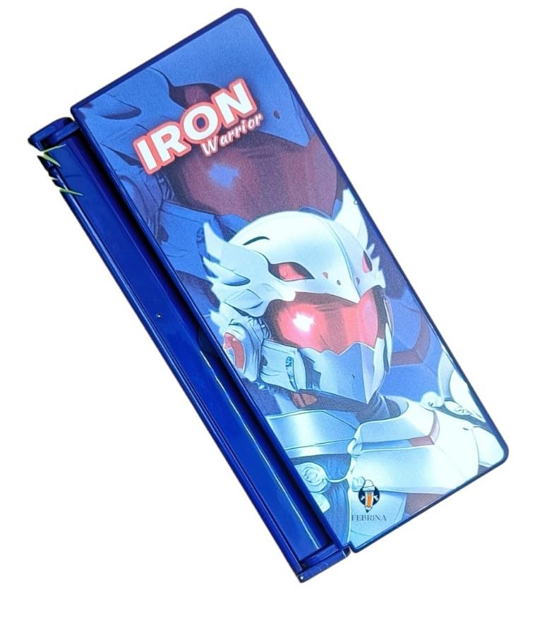 Pencil case featuring a robot character and 'Iron Warrior' text, with a foldable book stand function. www.usmile.toys