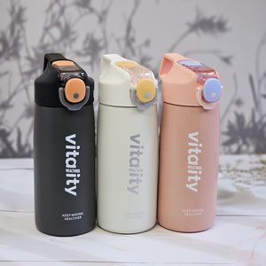 Stainless steel water bottles for kids and adults, featuring double-walled insulation, flip-top lids, and 'keep moving healthier www.usmile.toys