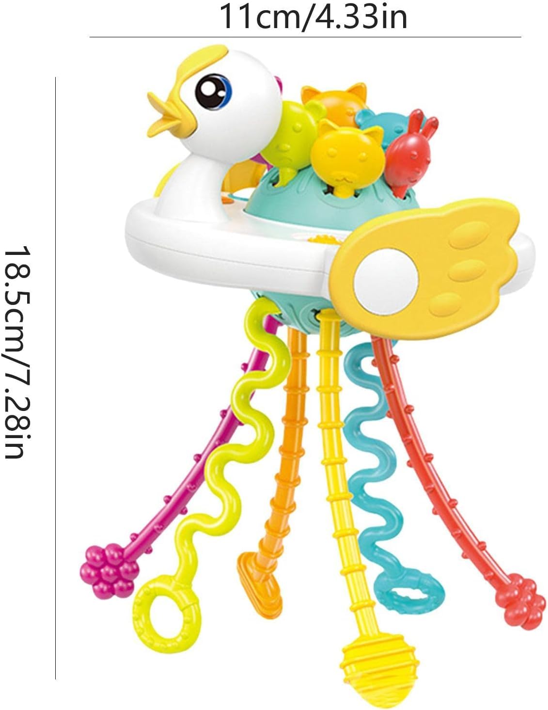 Colorful swan rattle teether sensory toy for babies by Usmile Toys, featuring multiple pull strings and textured elements for engagement." www.usmile.toys