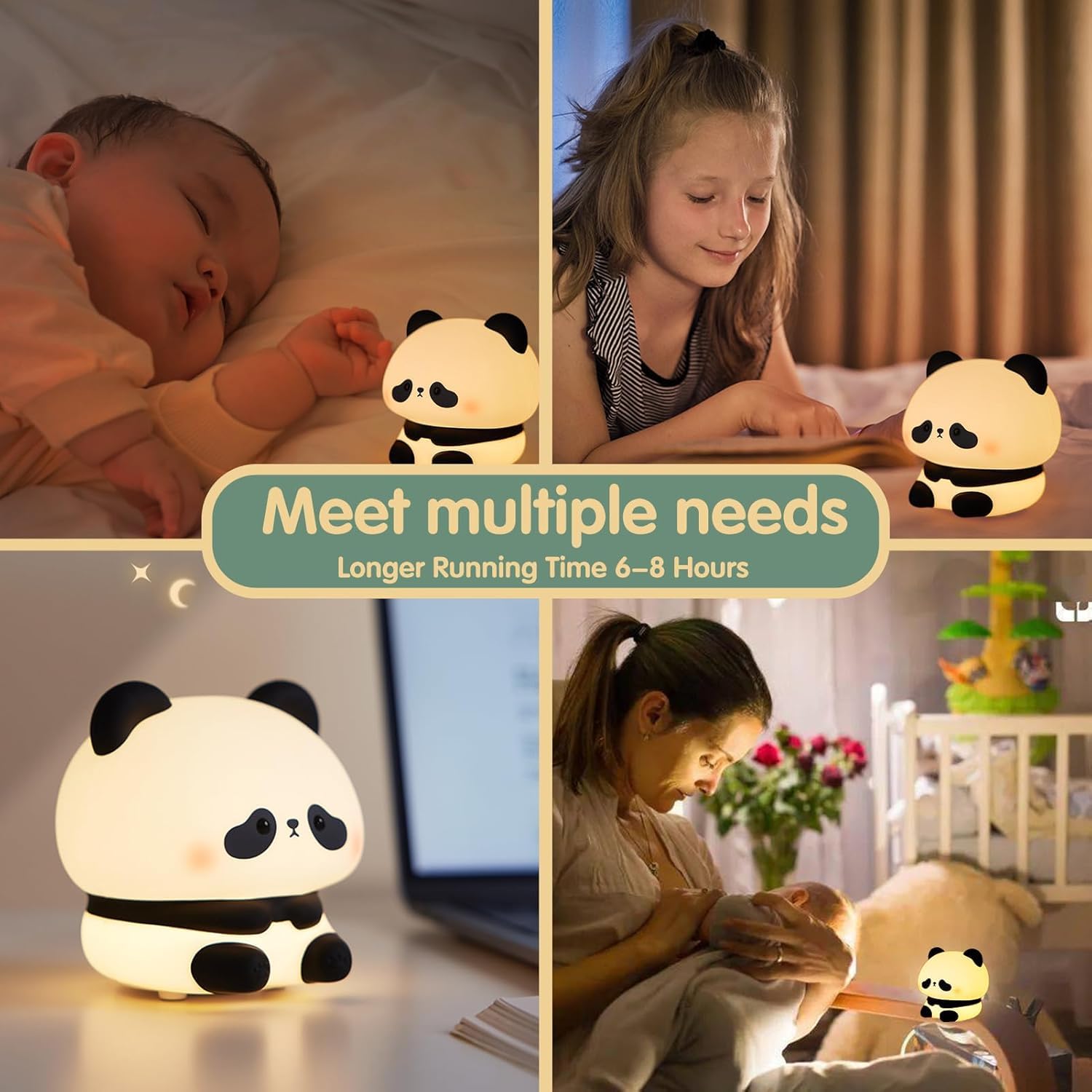 Adorable sitting panda bedside lamp for kids, providing a comforting glow for peaceful sleep. www.usmile.toys