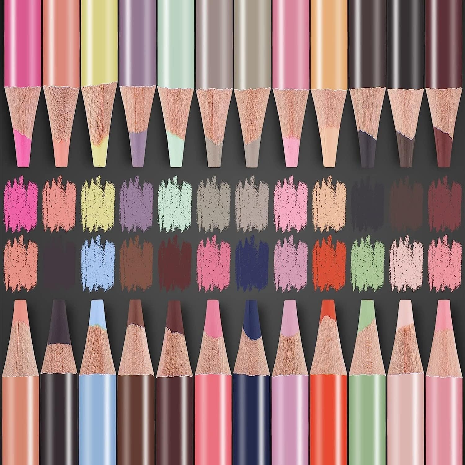 Black metal tin for Nyoni 24-color oiled color pencils, specifically for drawing people skin tints, with pencils fanned out to the side." www.usmile.toys