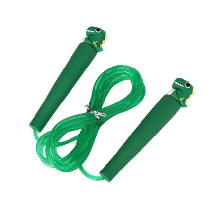 Green jump rope with dinosaur handles on a white background