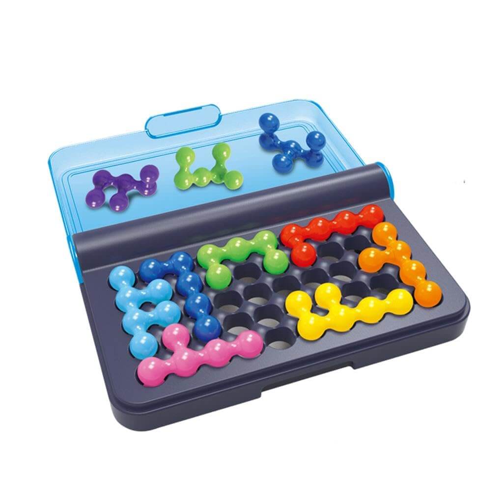 Smart IQ Games Puzzler Pro, a Chain Buckle Logic Board Game featuring colorful interlocking puzzle pieces and a dark grey base with a clear blue lid, designed to challenge problem-solving skills. www.usmile.toys