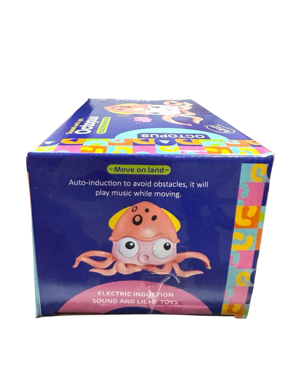 Blue box for a Usmile Toys Sound and Light Octopus electric induction toy, featuring a cute blue octopus with a light-up head and phrases like 'Hi, come on! Catch me!'" www.usmile.toys