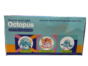 "Blue box for a Usmile Toys Sound and Light Octopus electric induction toy, featuring a cute blue octopus with a light-up head and phrases like 'Hi, come on! Catch me!'"