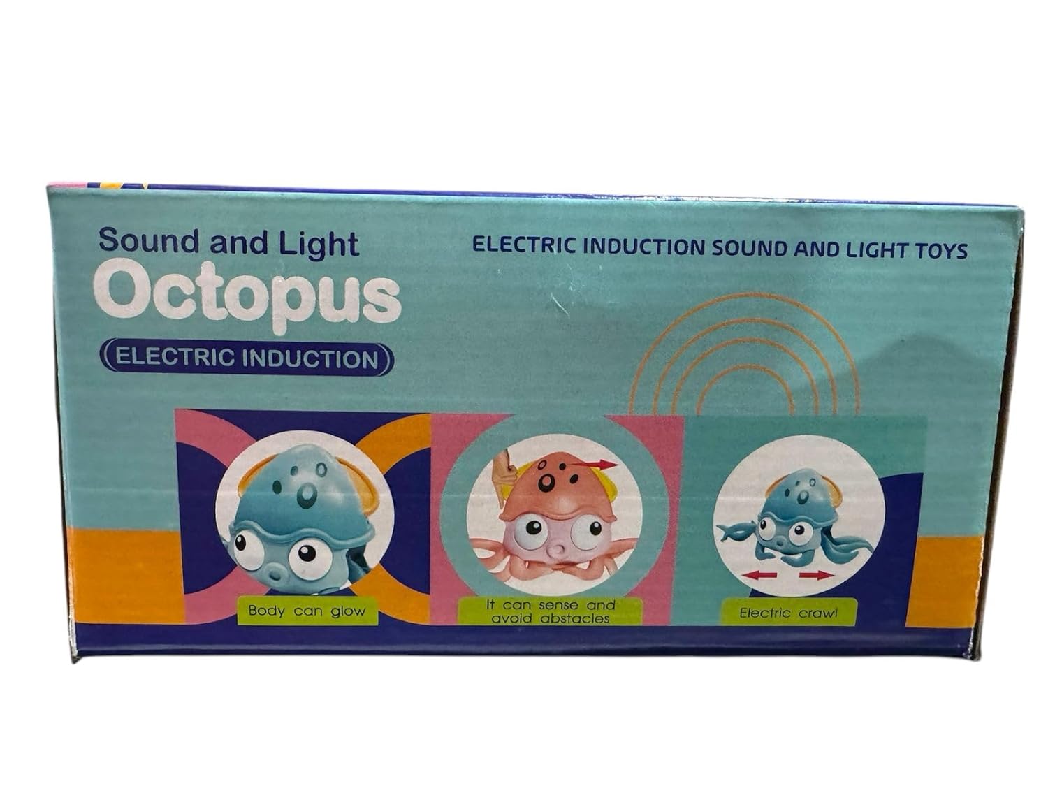 "Blue box for a Usmile Toys Sound and Light Octopus electric induction toy, featuring a cute blue octopus with a light-up head and phrases like 'Hi, come on! Catch me!'"