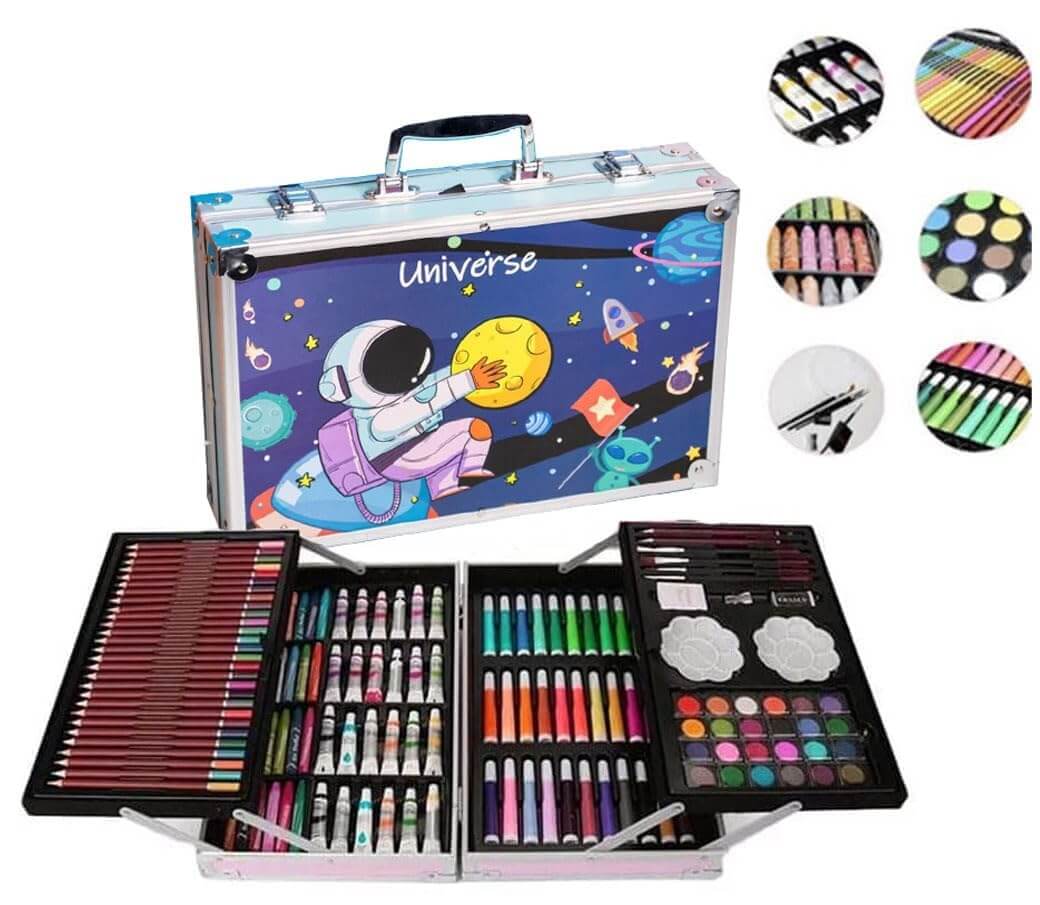 Silver and blue space-themed art and craft painting kit for kids, featuring an astronaut and planets, containing 145 colors, perfect for creative young artists from Usmile Toys. www.usmile.toys