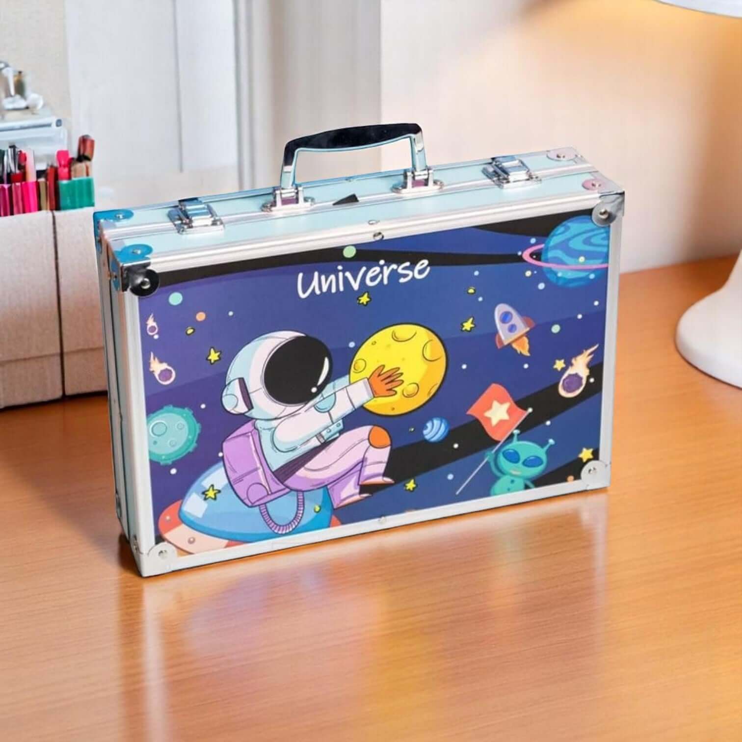 Silver and blue space-themed art and craft painting kit for kids, featuring an astronaut and planets, containing 145 colors, perfect for creative young artists from Usmile Toys. www.usmile.toys