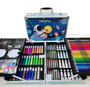 Front view of a portable art case with "Universe" written on it, decorated with space illustrations including an astronaut, moon, and rockets, ideal for children's painting and drawing activities from Usmile Toys.www.usmile.toys